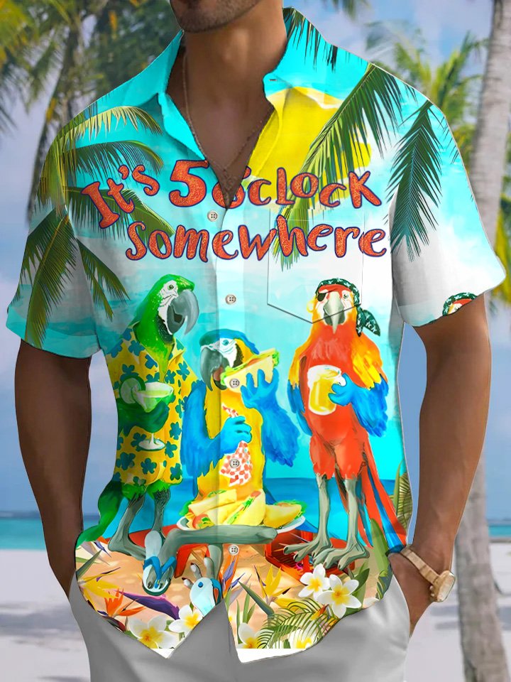 Alohadaddy Beach Parrot Coconut Tree Button Pocket Casual Short Sleeve Shirt
