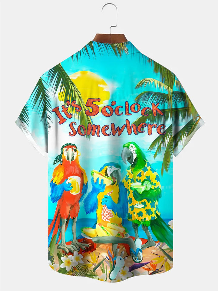 Alohadaddy Beach Parrot Coconut Tree Button Pocket Casual Short Sleeve Shirt