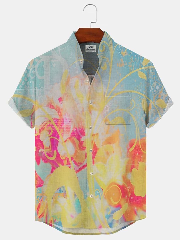Alohadaddy Plant Flower Gradient Button Pocket Casual Short Sleeve Stand Collar Shirt