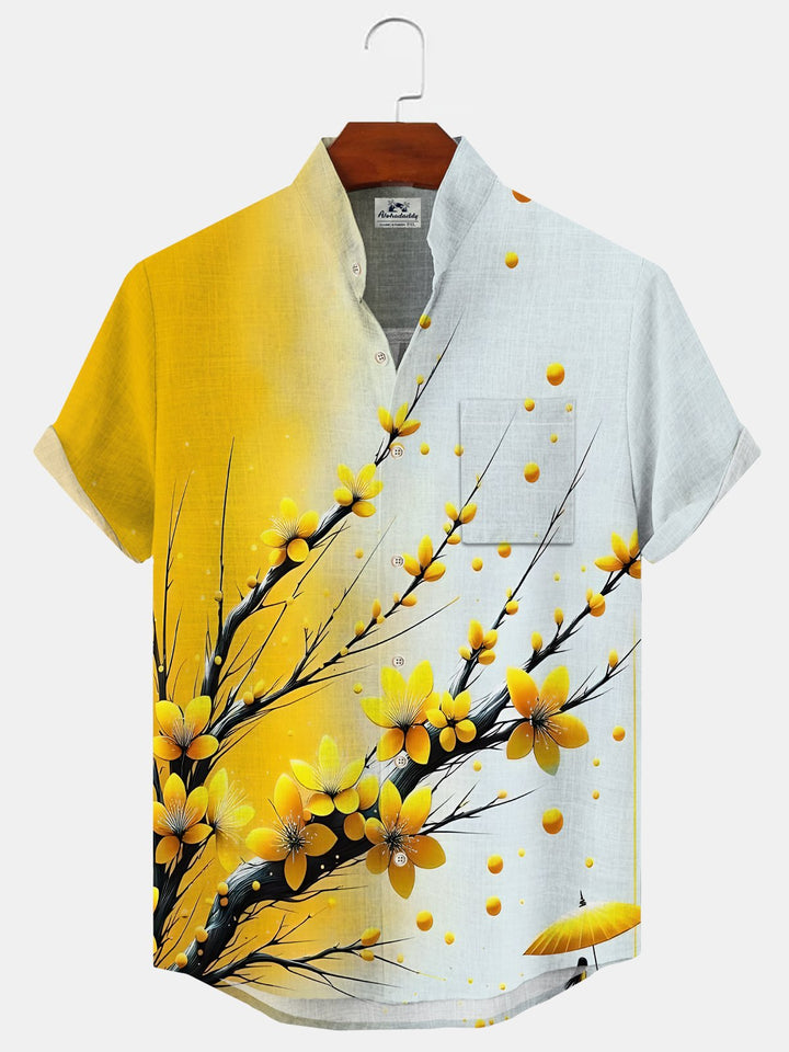 Alohadaddy Plant Flower Gradient Button Pocket Casual Short Sleeve Stand Collar Shirt