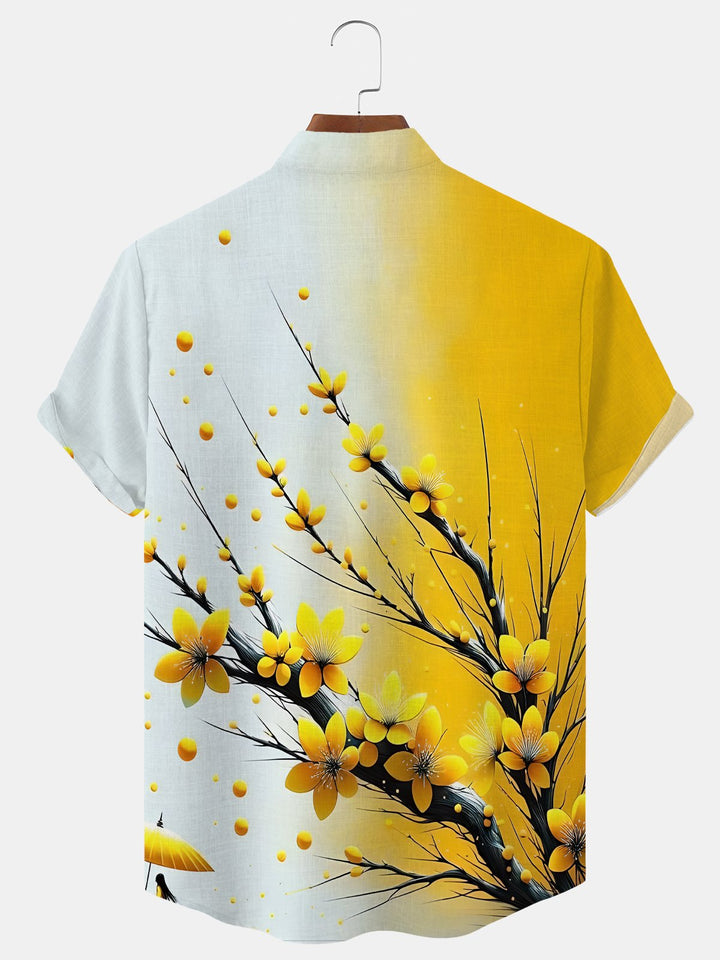 Alohadaddy Plant Flower Gradient Button Pocket Casual Short Sleeve Stand Collar Shirt