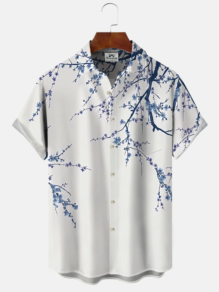Alohadaddy Plant Peach Blossom Button Pocket Casual Short Sleeve Shirt