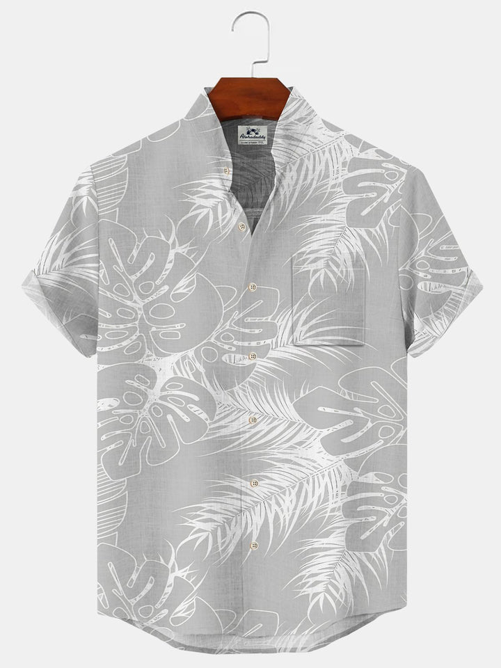 Alohadaddy Coconut Tree Plant Button Pocket Casual Short Sleeve Stand Collar Shirt