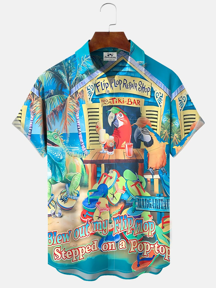 Alohadaddy Plant Coconut Tree Parrot Button Pocket Casual Short Sleeve Shirt
