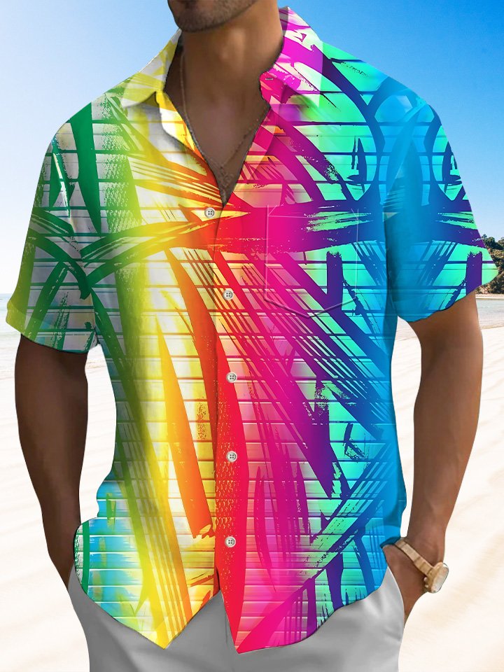 Alohadaddy Gradient Plants Leaves Buttons Pockets Casual Short Sleeve Shirt