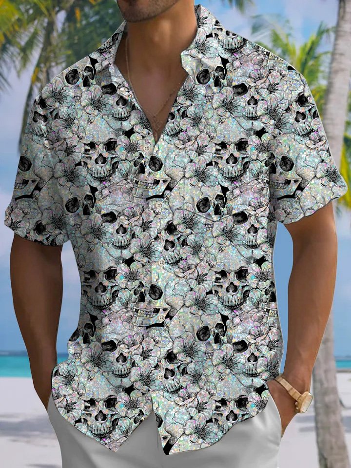 Alohadaddy Skull Button Pocket Casual Short Sleeve Shirt