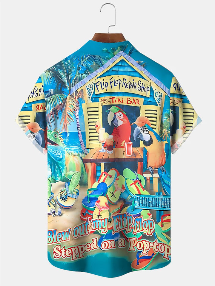 Alohadaddy Plant Coconut Tree Parrot Button Pocket Casual Short Sleeve Shirt