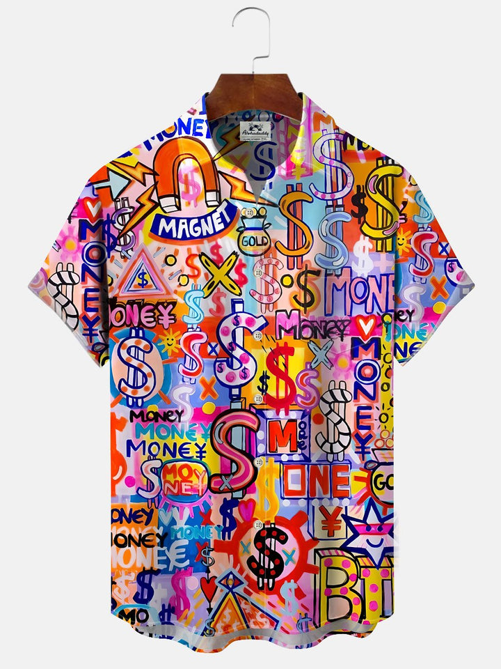 Alohadaddy Geometry Dollar Money Button Pocket Casual Short Sleeve Shirt