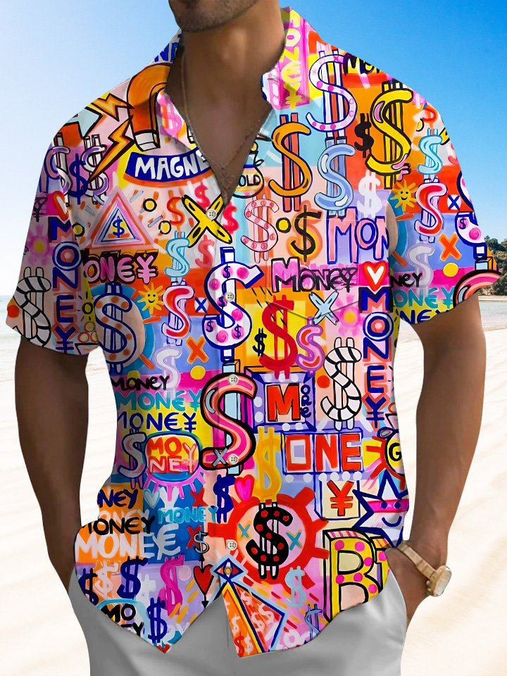 Alohadaddy Geometry Dollar Money Button Pocket Casual Short Sleeve Shirt
