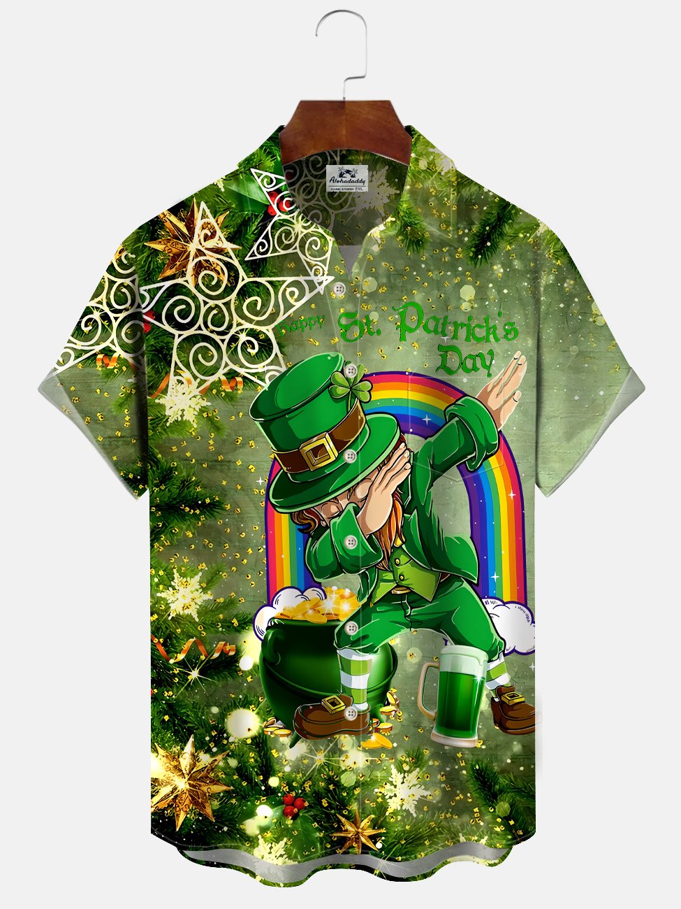 Alohadaddy Christmas Four Leaf Clover Button Pocket Casual Short Sleeve Shirt