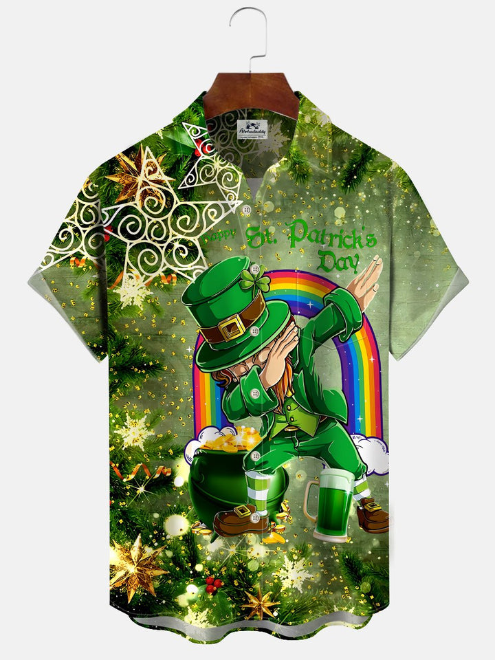 Alohadaddy Christmas Four Leaf Clover Button Pocket Casual Short Sleeve Shirt