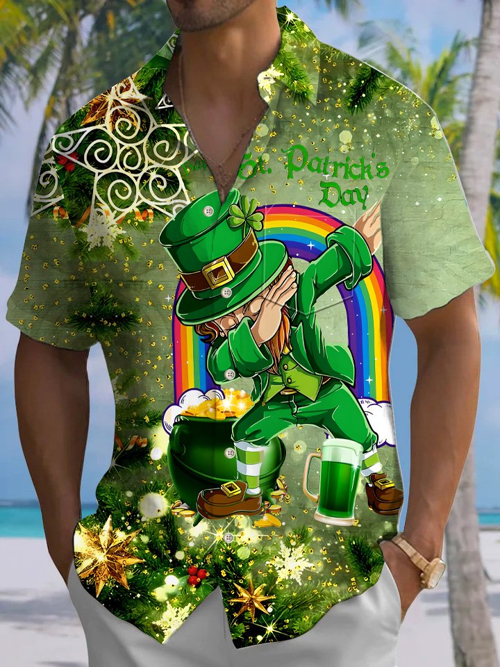 Alohadaddy Christmas Four Leaf Clover Button Pocket Casual Short Sleeve Shirt