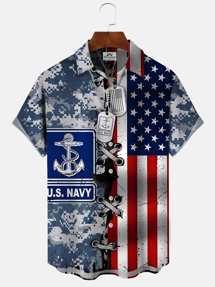 Alohadaddy Vintage Flag Button Pocket Casual Short Sleeve Shirt