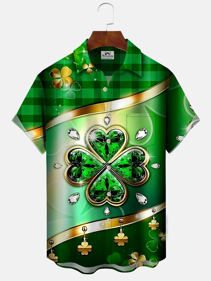 Alohadaddy Vintage Christmas Four Leaf Clover Button Pocket Casual Short Sleeve Shirt