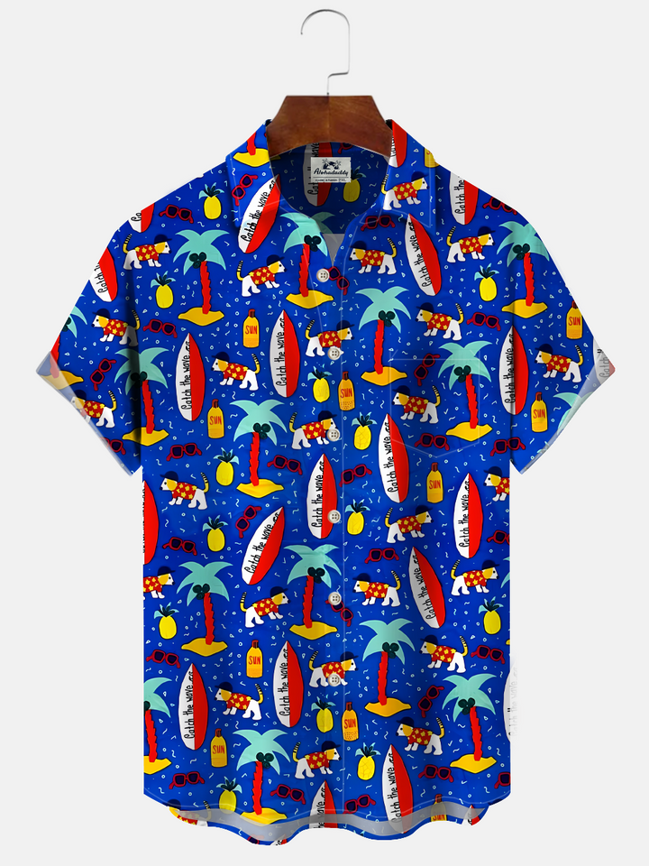 Alohadaddy Coconut Tree Surfboard Button Pocket Casual Short Sleeve Shirt