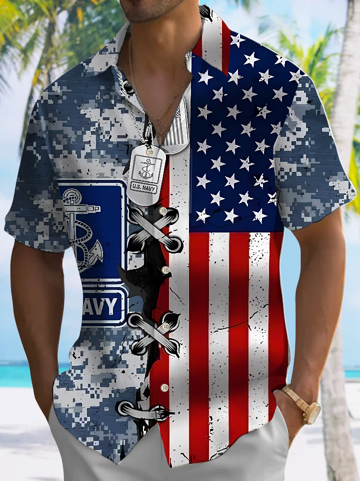 Alohadaddy Vintage Flag Button Pocket Casual Short Sleeve Shirt