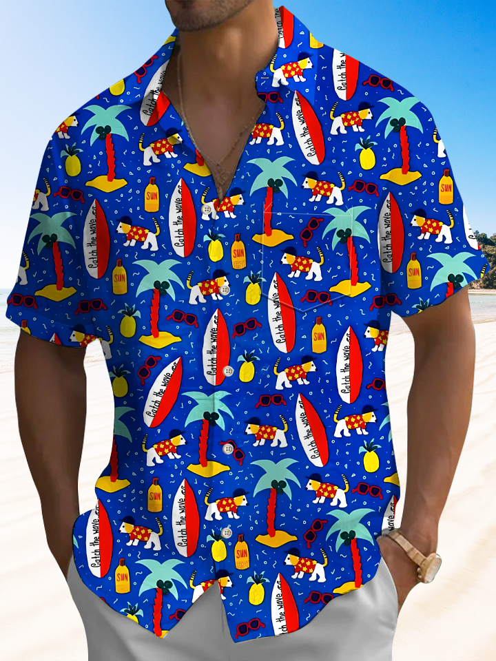 Alohadaddy Coconut Tree Surfboard Button Pocket Casual Short Sleeve Shirt