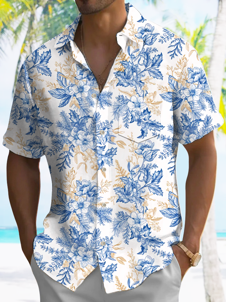 Alohadaddy Plant Flower Leaf Button Pocket Casual Short Sleeve Shirt