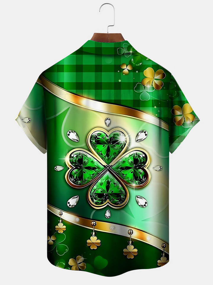 Alohadaddy Vintage Christmas Four Leaf Clover Button Pocket Casual Short Sleeve Shirt