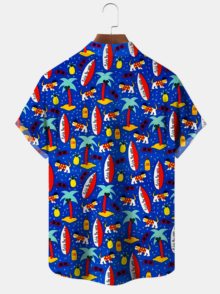Alohadaddy Coconut Tree Surfboard Button Pocket Casual Short Sleeve Shirt
