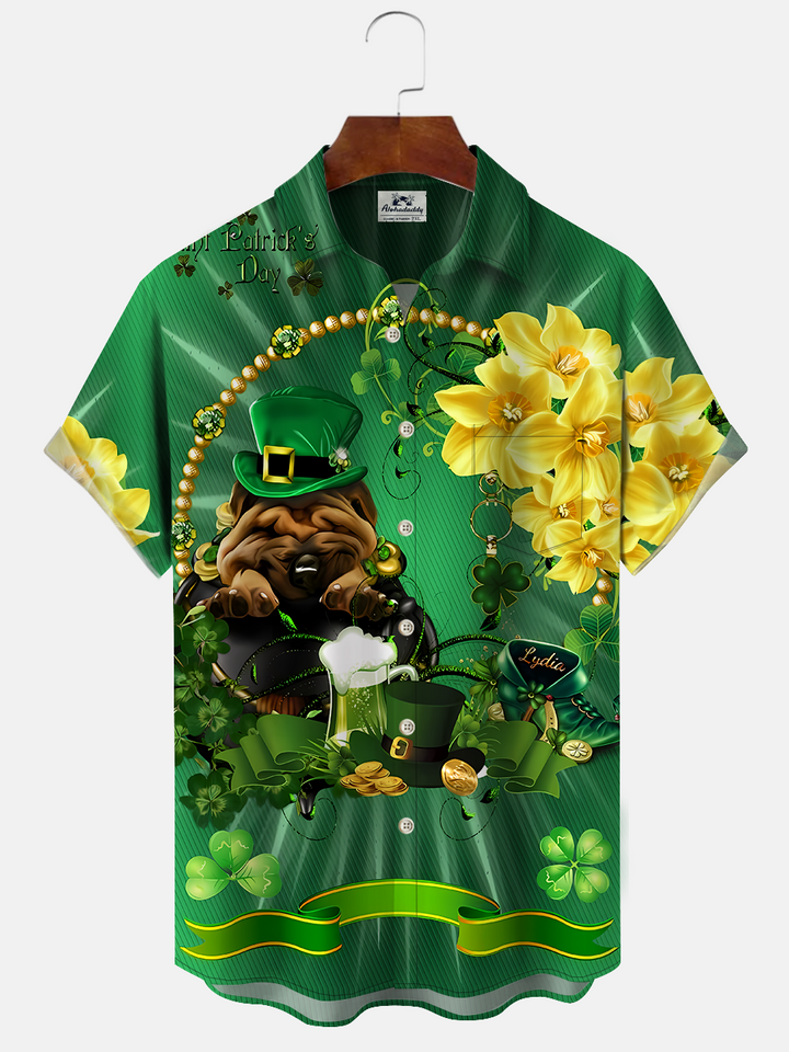 Alohadaddy Christmas Four Leaf Clover Button Pocket Casual Short Sleeve Shirt