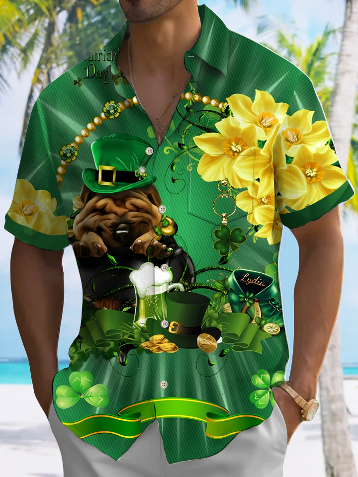 Alohadaddy Christmas Four Leaf Clover Button Pocket Casual Short Sleeve Shirt