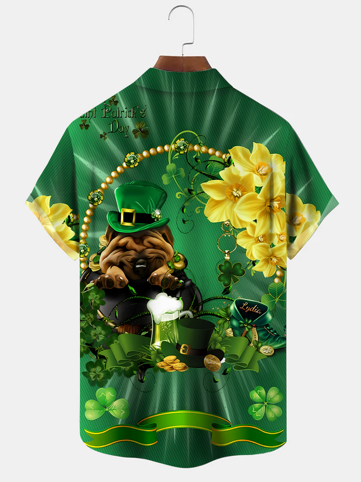 Alohadaddy Christmas Four Leaf Clover Button Pocket Casual Short Sleeve Shirt