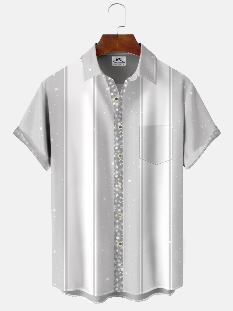 Alohadaddy Geometric Pattern Star Button Pocket Casual 50S Bowling Commuter Short Sleeve Shirt