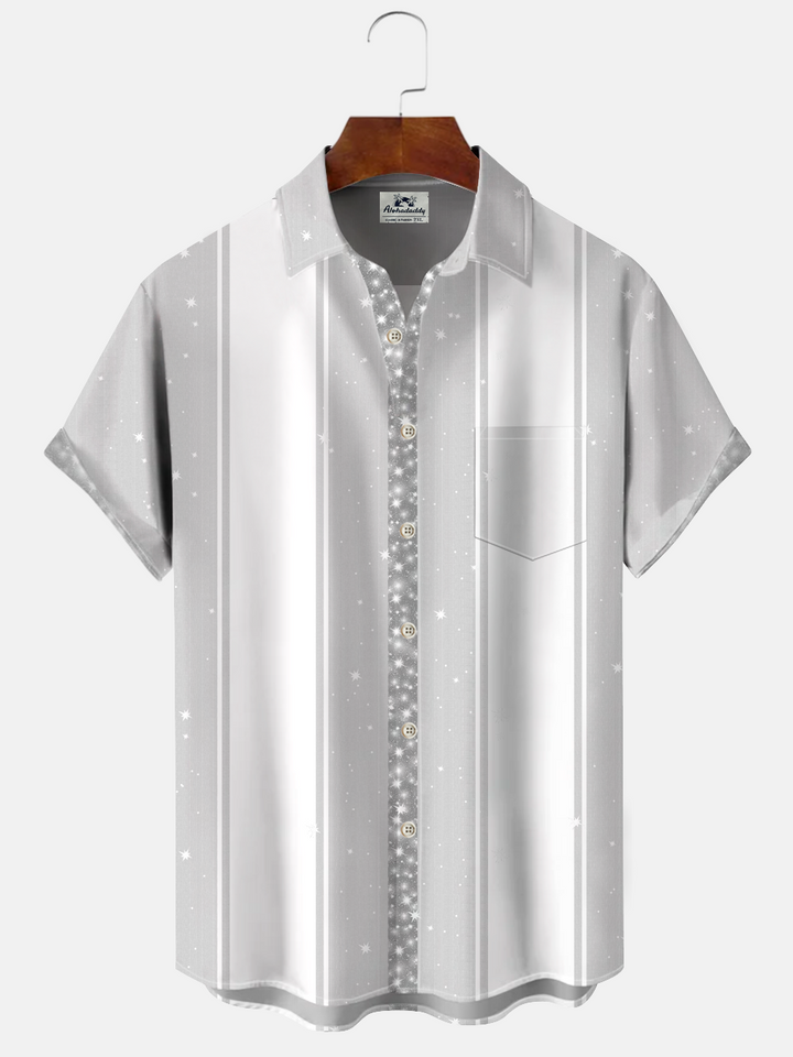 Alohadaddy Geometric Pattern Star Button Pocket Casual 50S Bowling Commuter Short Sleeve Shirt