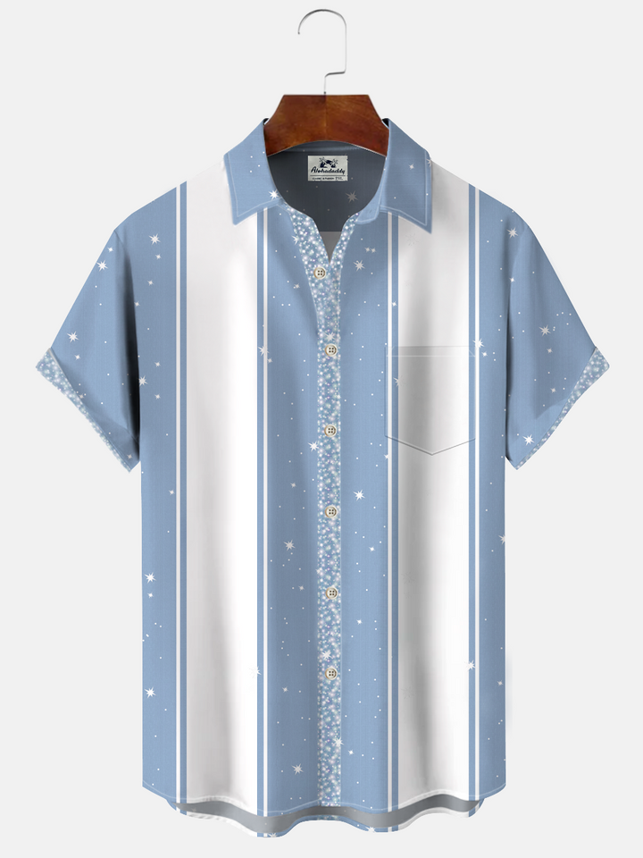 Alohadaddy Geometric Pattern Star Button Pocket Casual 50S Bowling Commuter Short Sleeve Shirt