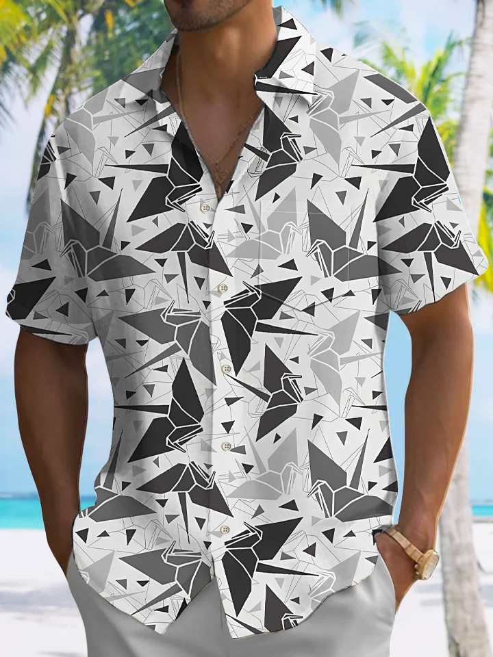 Alohadaddy Geometric Pattern Button Pocket Casual Short Sleeve Shirt