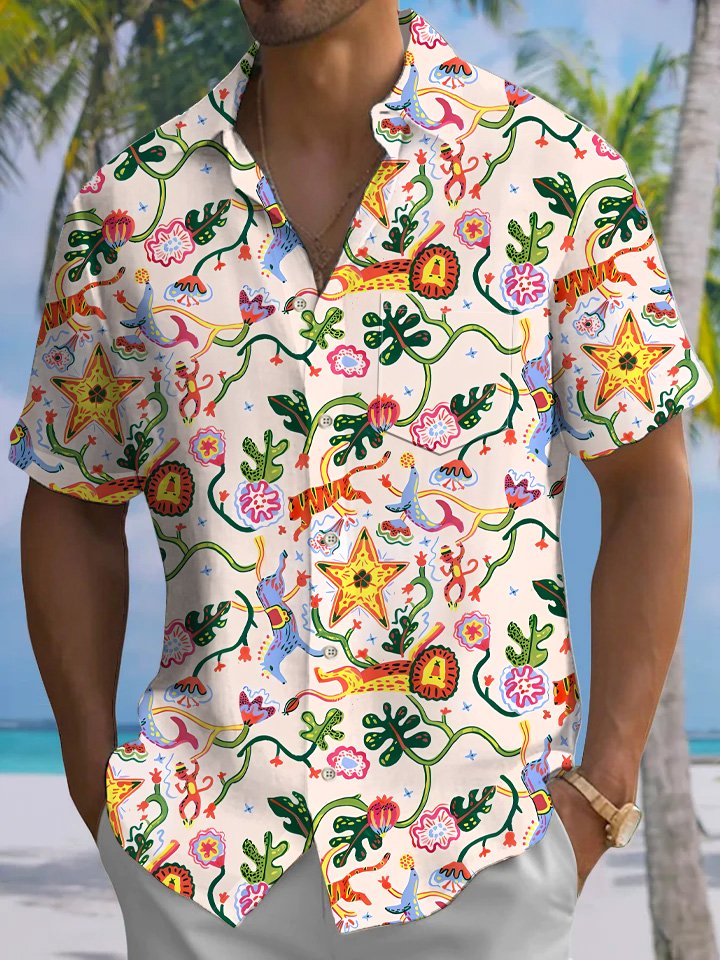 Alohadaddy Hawaii Coconut Tree Beach Button Pocket Casual Short Sleeve Shirt