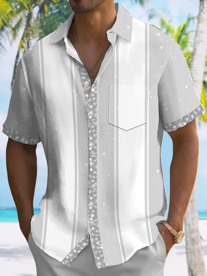 Alohadaddy Geometric Pattern Star Button Pocket Casual 50S Bowling Commuter Short Sleeve Shirt
