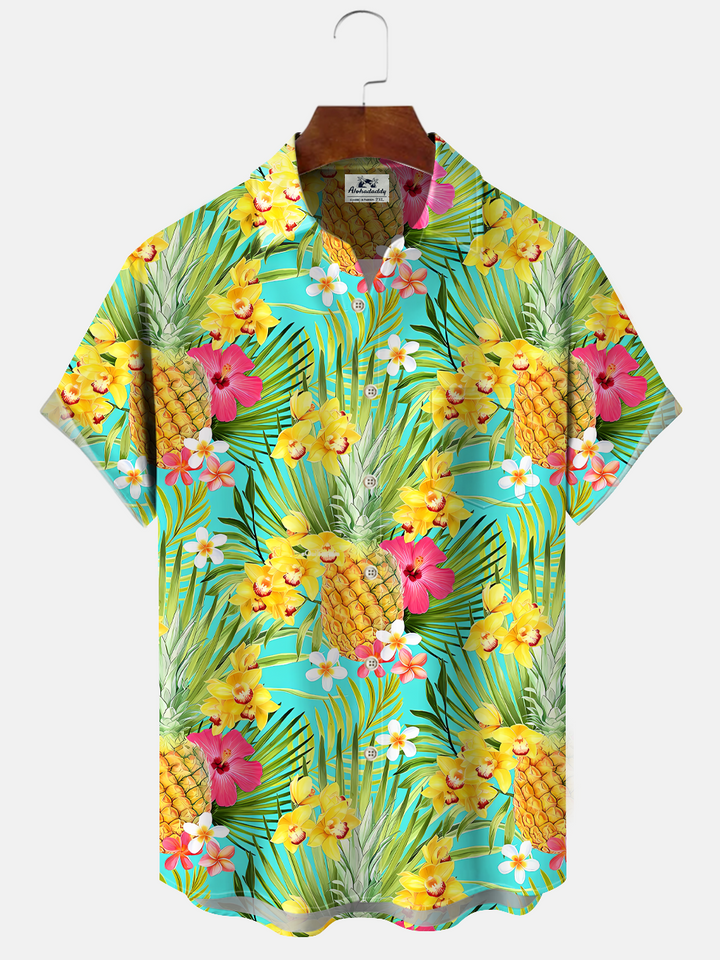 Alohadaddy Coconut Tree Plant Pineapple Button Pocket Casual Short Sleeve Shirt