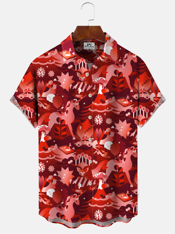 Alohadaddy Christmas Elk Button Pocket Casual Short Sleeve Shirt