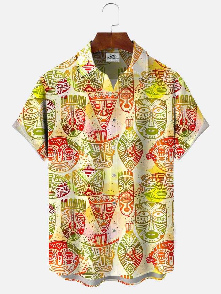Alohadaddy Coconut Tree Mask Button Pocket Casual Short Sleeve Shirt
