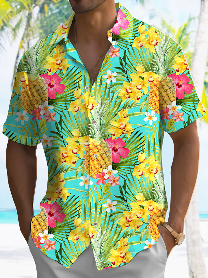 Alohadaddy Coconut Tree Plant Pineapple Button Pocket Casual Short Sleeve Shirt