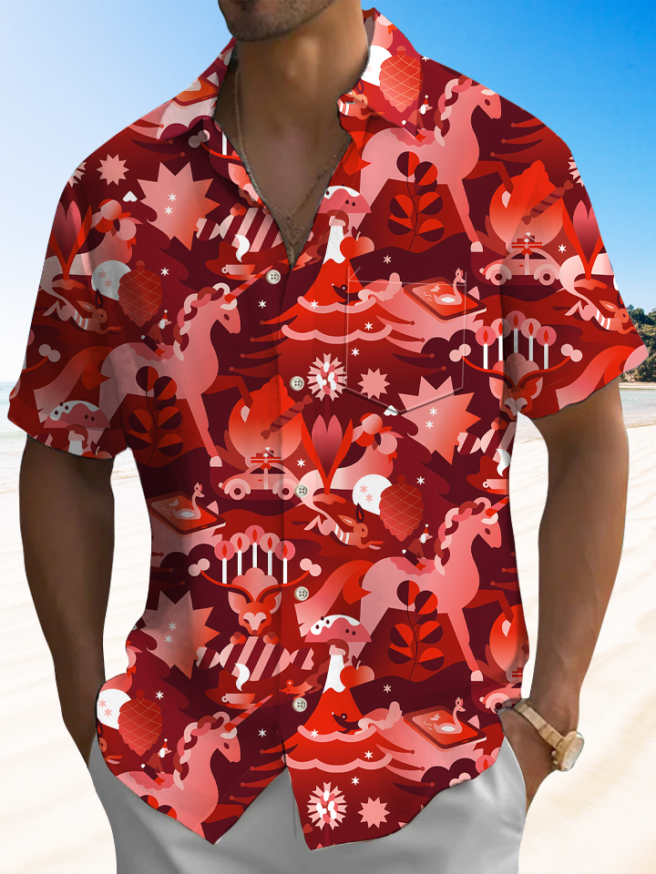 Alohadaddy Christmas Elk Button Pocket Casual Short Sleeve Shirt