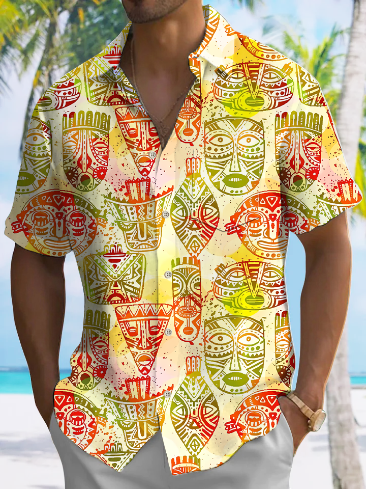 Alohadaddy Coconut Tree Mask Button Pocket Casual Short Sleeve Shirt