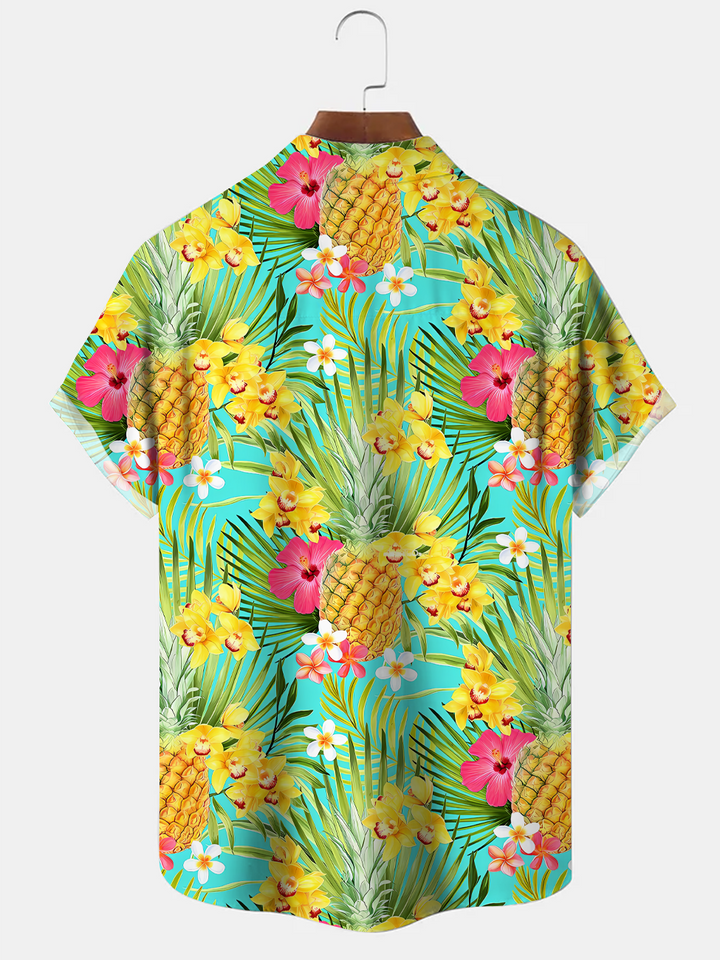 Alohadaddy Coconut Tree Plant Pineapple Button Pocket Casual Short Sleeve Shirt