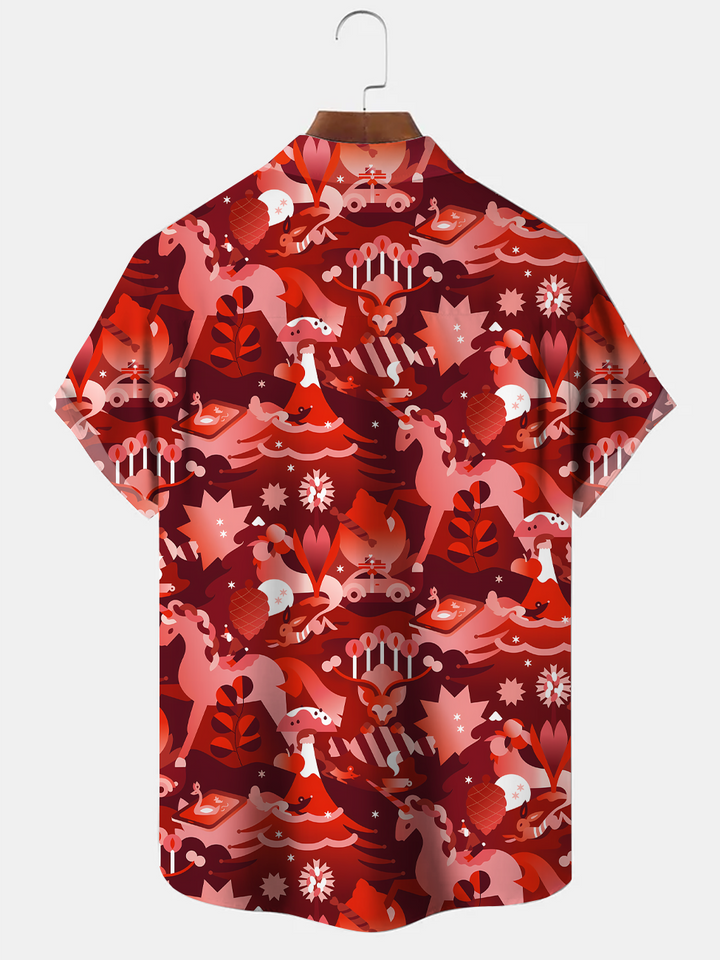 Alohadaddy Christmas Elk Button Pocket Casual Short Sleeve Shirt