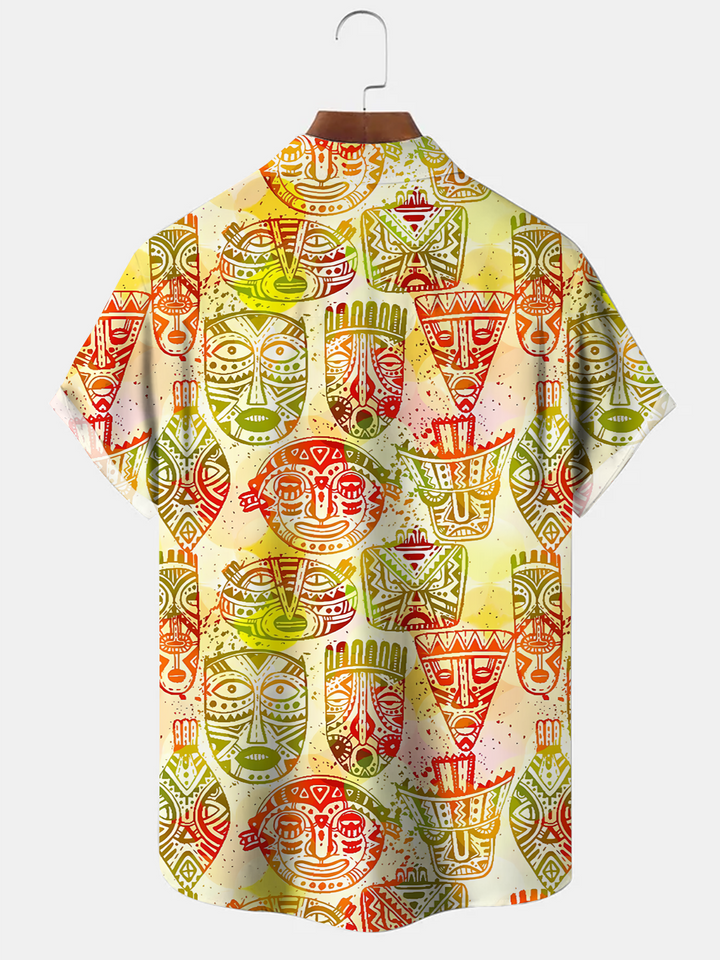Alohadaddy Coconut Tree Mask Button Pocket Casual Short Sleeve Shirt