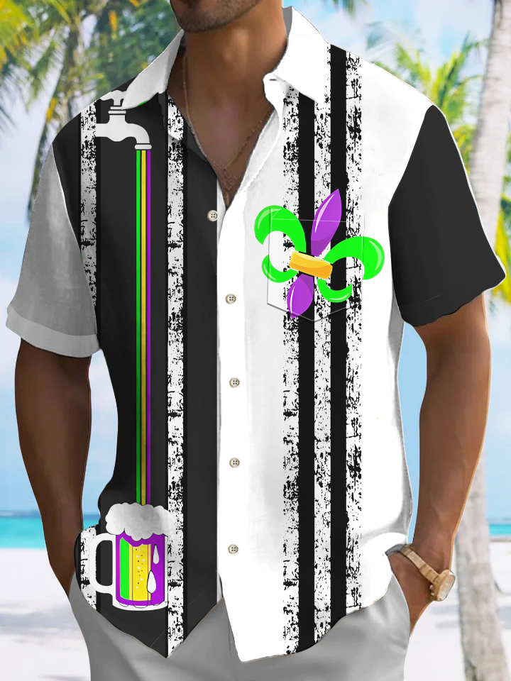 Alohadaddy Contrast Geometric Button Pocket Casual Short Sleeve Shirt