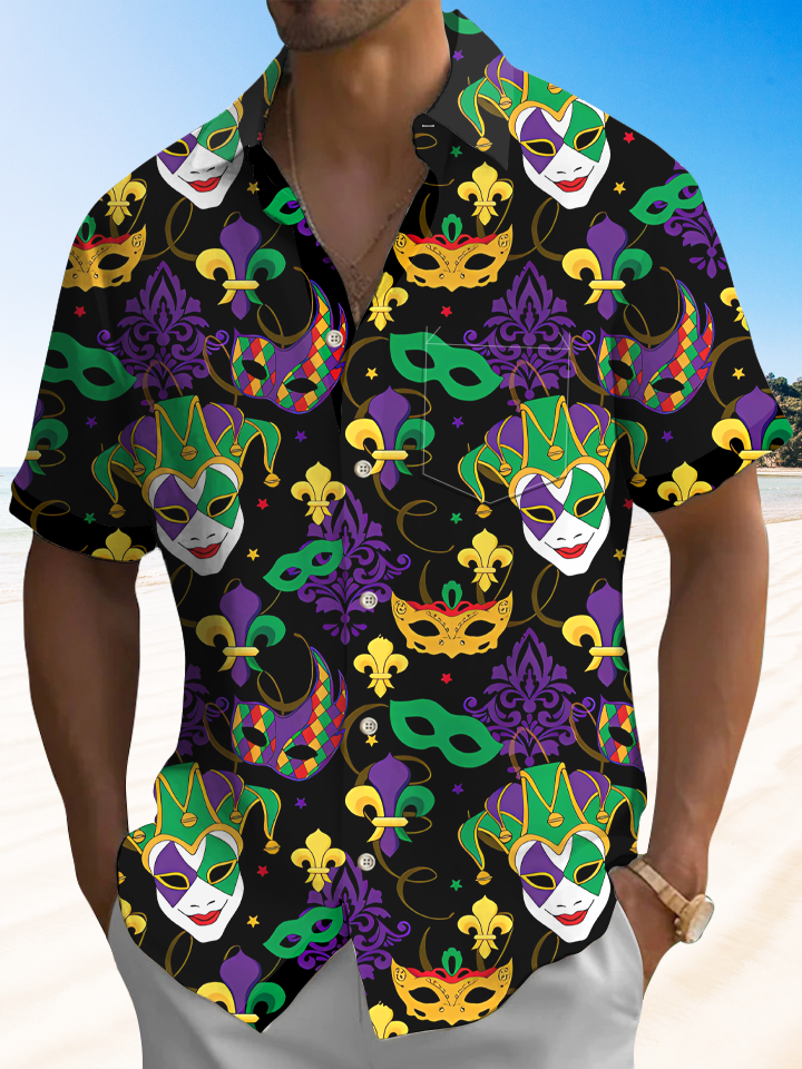 Alohadaddy Mask Christmas Button Pocket Casual Short Sleeve Shirt