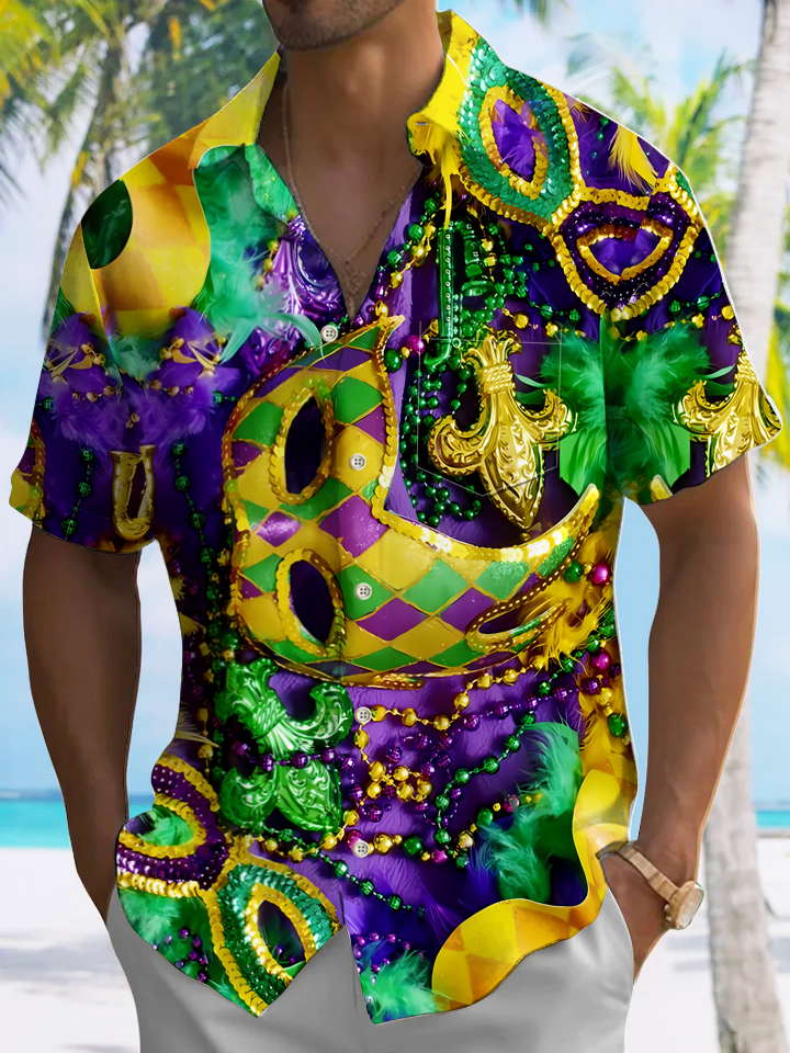 Alohadaddy Mask Christmas Button Pocket Casual Short Sleeve Shirt