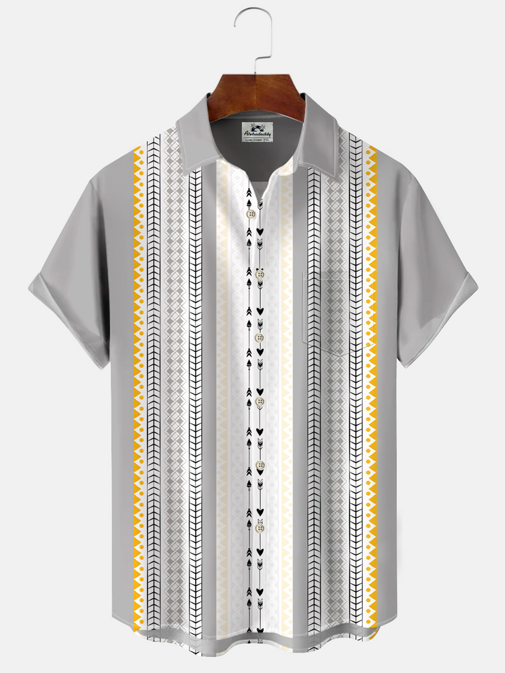 Alohadaddy Geometric Button Pocket Casual 50S Bowling Commuter Short Sleeve Shirt