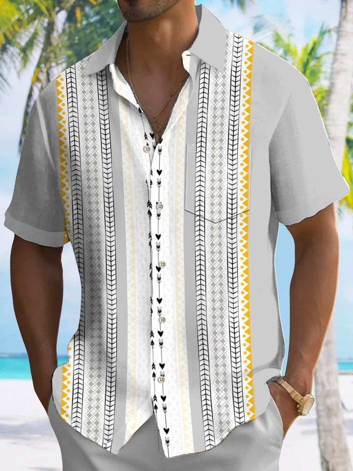 Alohadaddy Geometric Button Pocket Casual 50S Bowling Commuter Short Sleeve Shirt