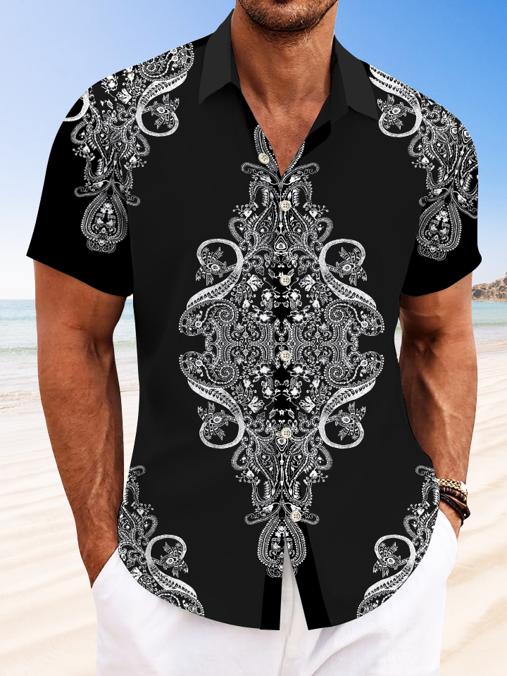 Alohadaddy Ethnic Pattern Button Pocket Casual Short Sleeve Shirt