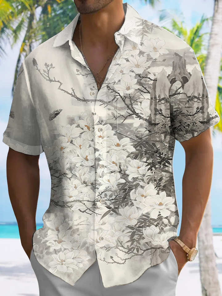 Alohadaddy Plant Flower Button Pocket Casual Short Sleeve Shirt
