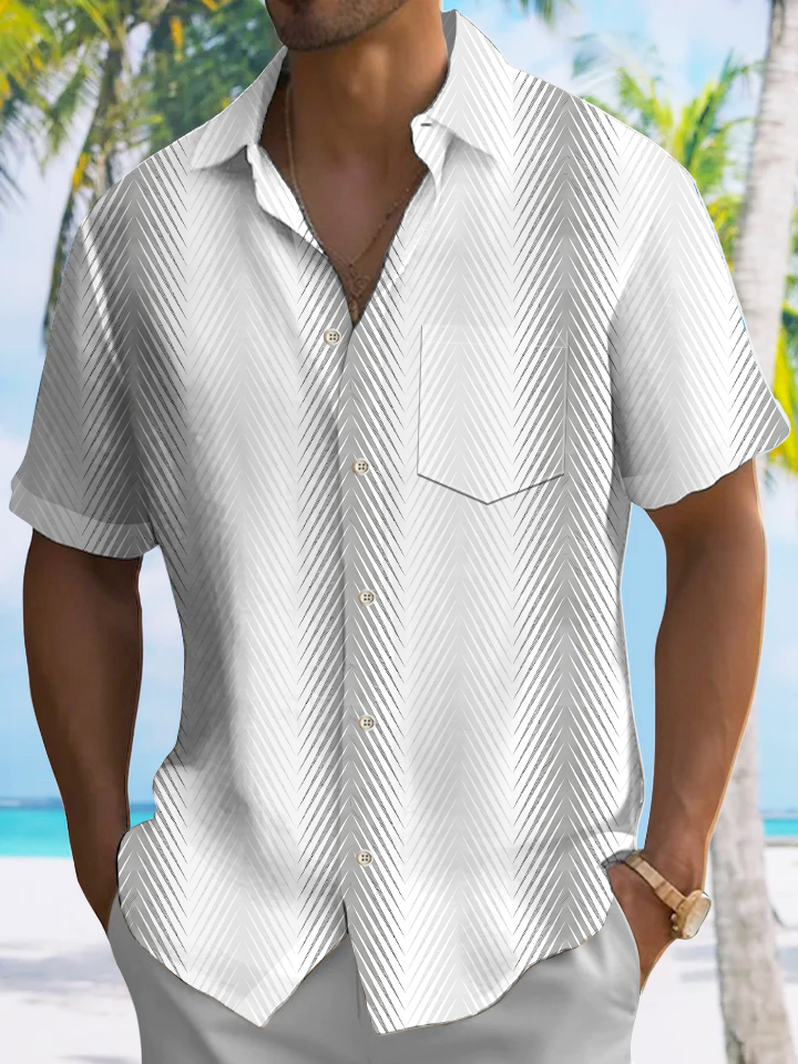 Alohadaddy Geometric Button Pocket Casual 50S Bowling Commuter Short Sleeve Shirt